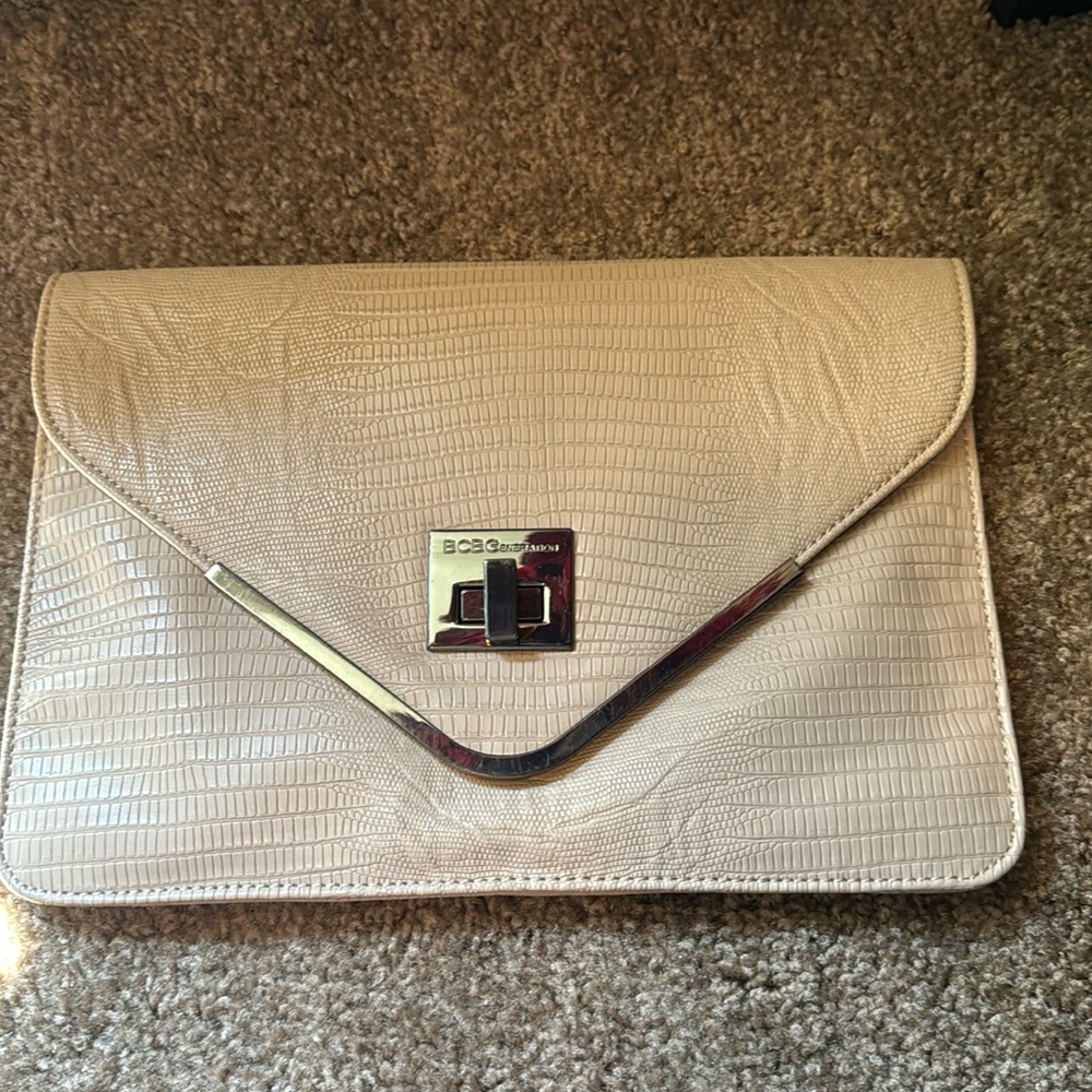 Bcbg brand new beige clutch with garment bag